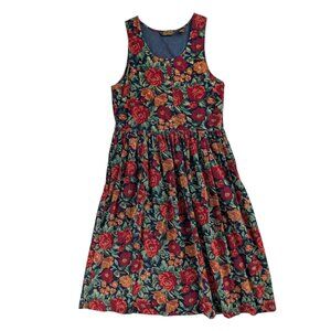 Eddie Bauer VTG Red Blue Green Corduroy Floral Pleated Sleeveless Dress